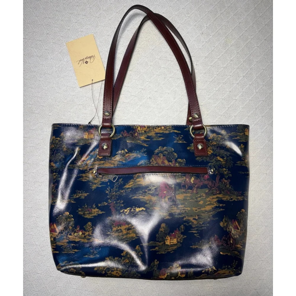 Patricia Nash Navy Tote with Brown Leather Handles and Scenic Gold & Pink Print - Picture 4 of 15